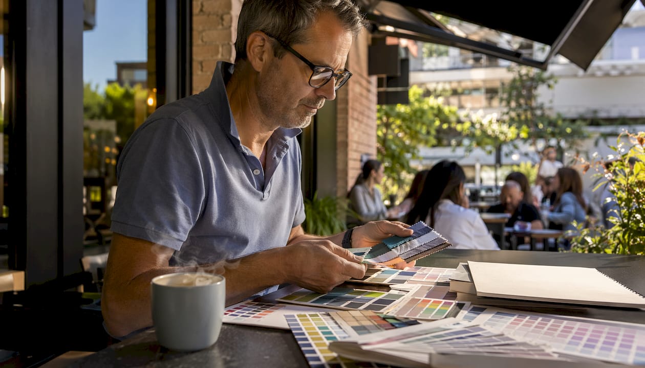 Person comparing Pantone color swatches for merchandise