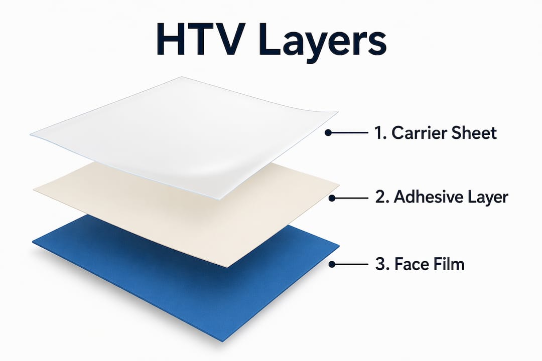Infographic illustrating the three layers of heat transfer vinyl
