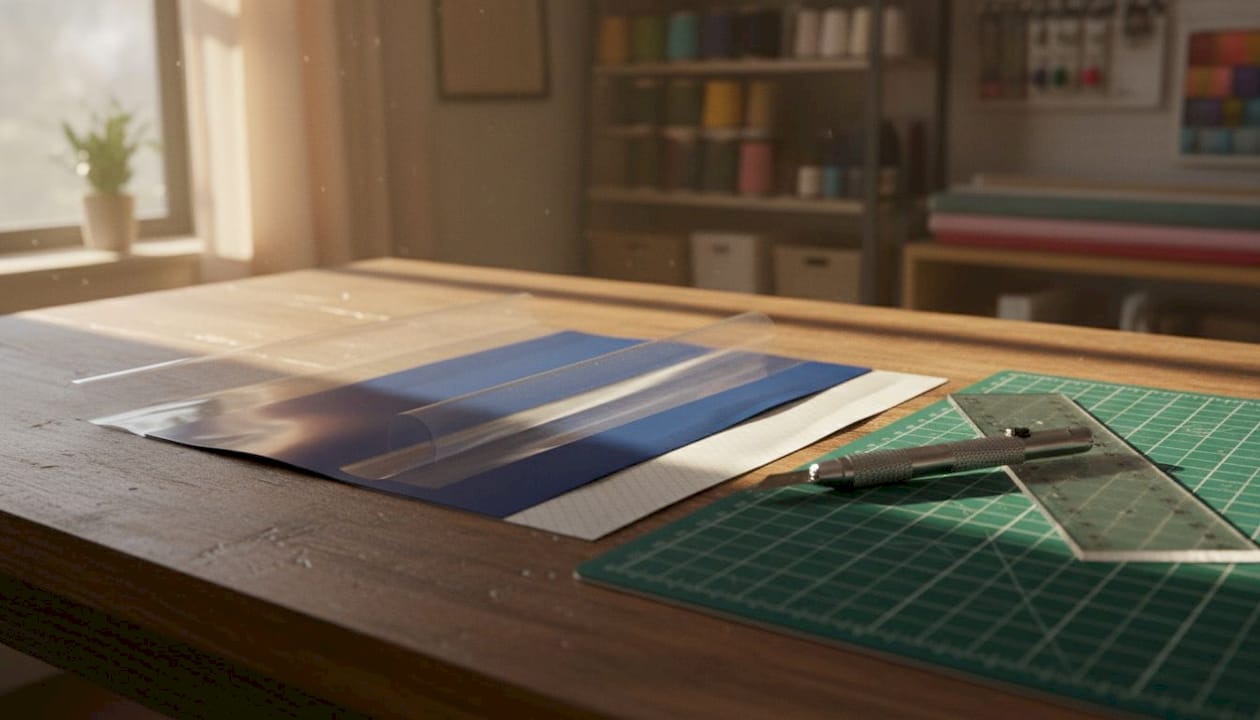 Close-up of heat transfer vinyl layers and tools
