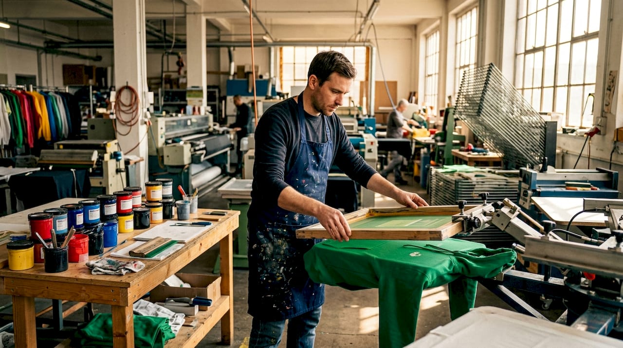 Hands aligning screen printing frame on t-shirt