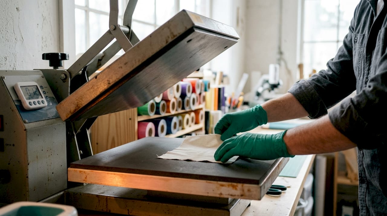 Hands placing fabric scrap on heat press