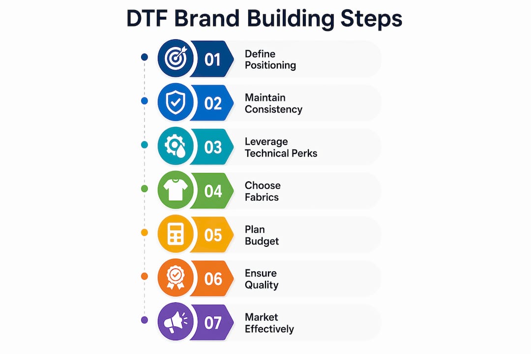 Infographic showing steps to build brand with DTF