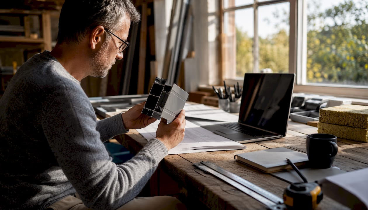 Architect analyzing window frame thermal properties