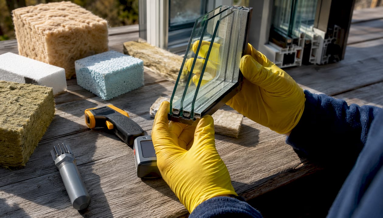 Hands holding window cross-section in laboratory