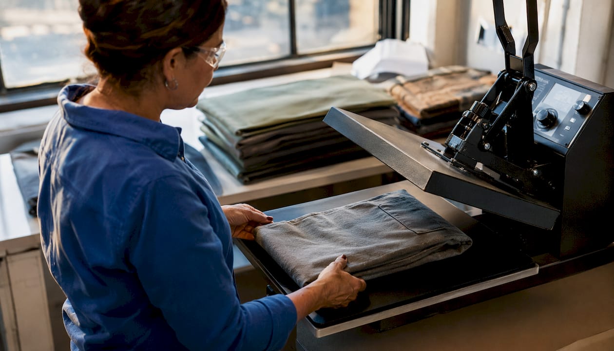 Operator performing pre-press on garment