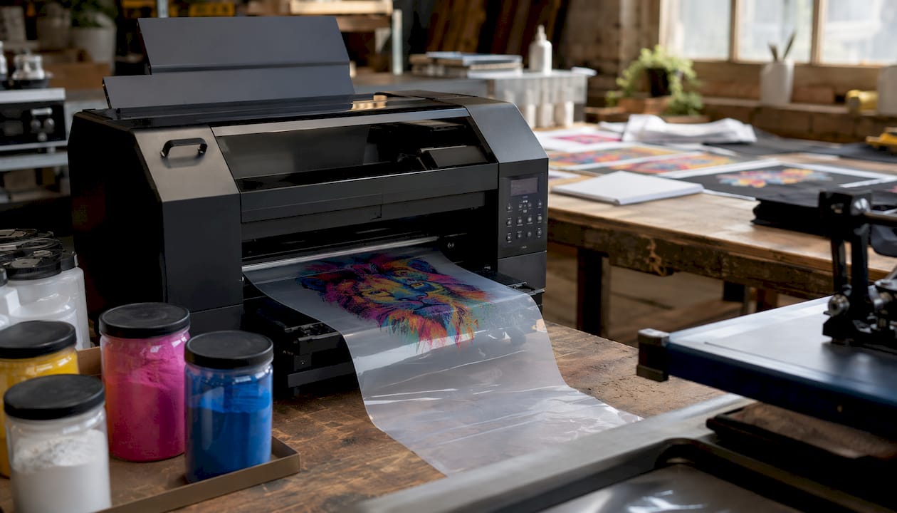 Top view of DTF printer and printed transfer