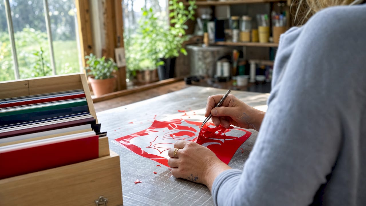 Hands weeding vinyl sheets with tweezers