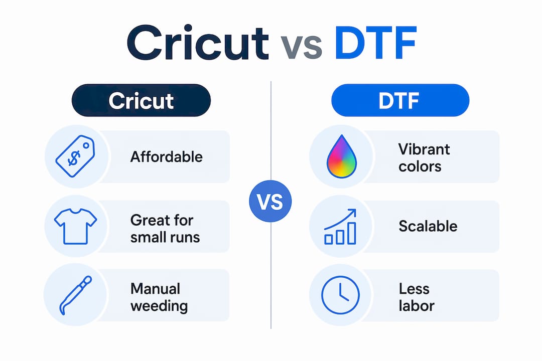 Infographic comparing Cricut and DTF printing methods