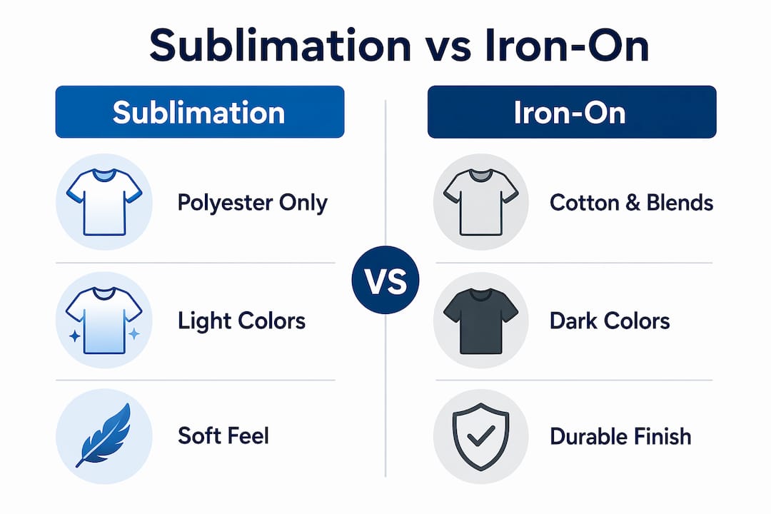 Infographic comparing sublimation and iron-on methods