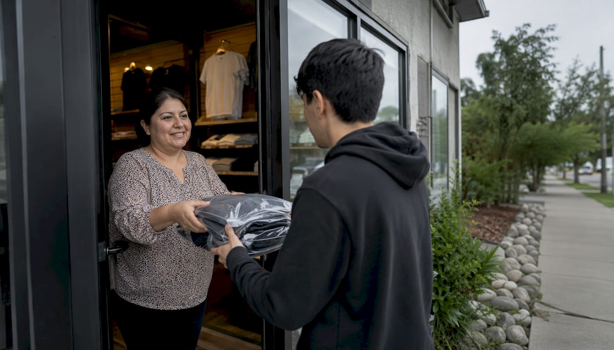 Customer picking up custom apparel at local print shop
