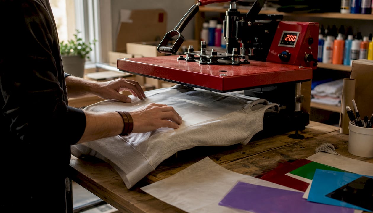 Hands applying heat transfer on t-shirt with heat press