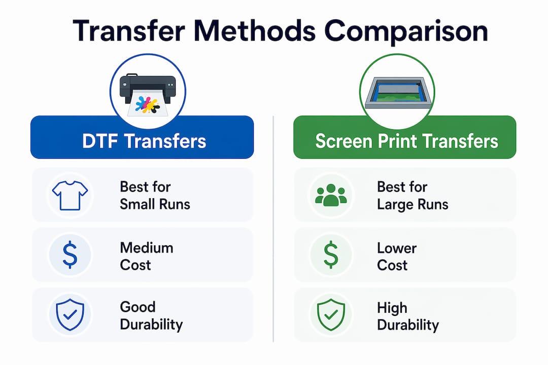 Infographic comparing transfer methods DTF and screen print