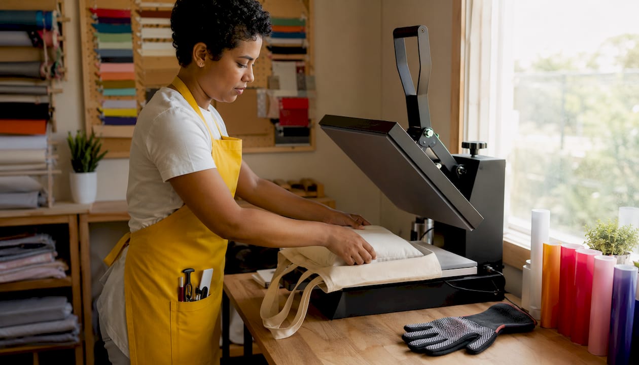 Person positioning pressing pillow inside tote at heat press