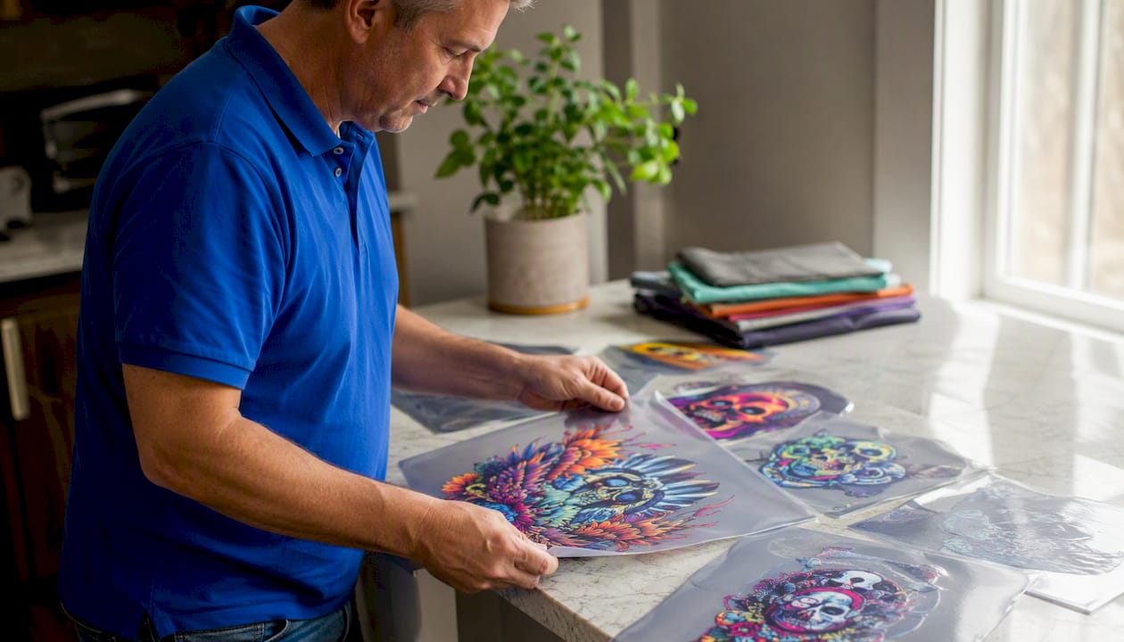 Hands sorting DTF artwork transfer print sheets