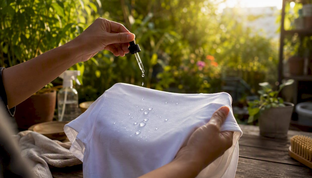 Hands performing water-bead test on garment