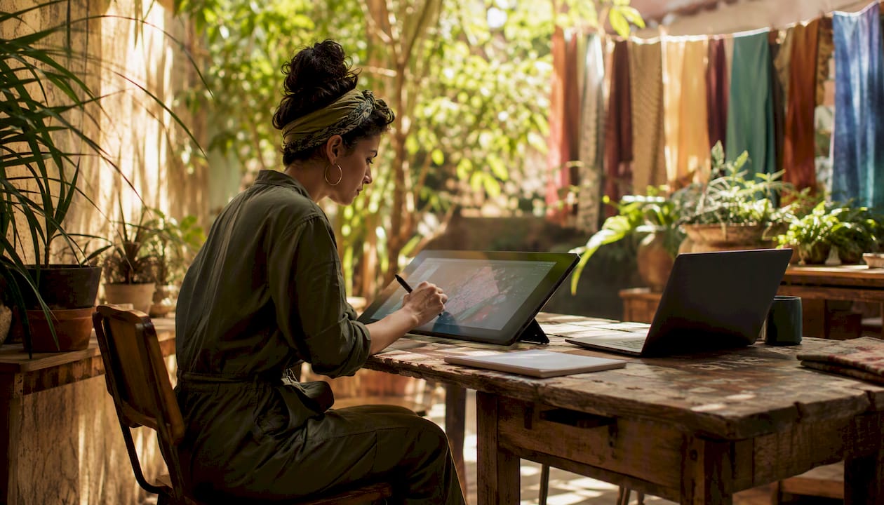 Hands preparing DTF artwork on graphic tablet