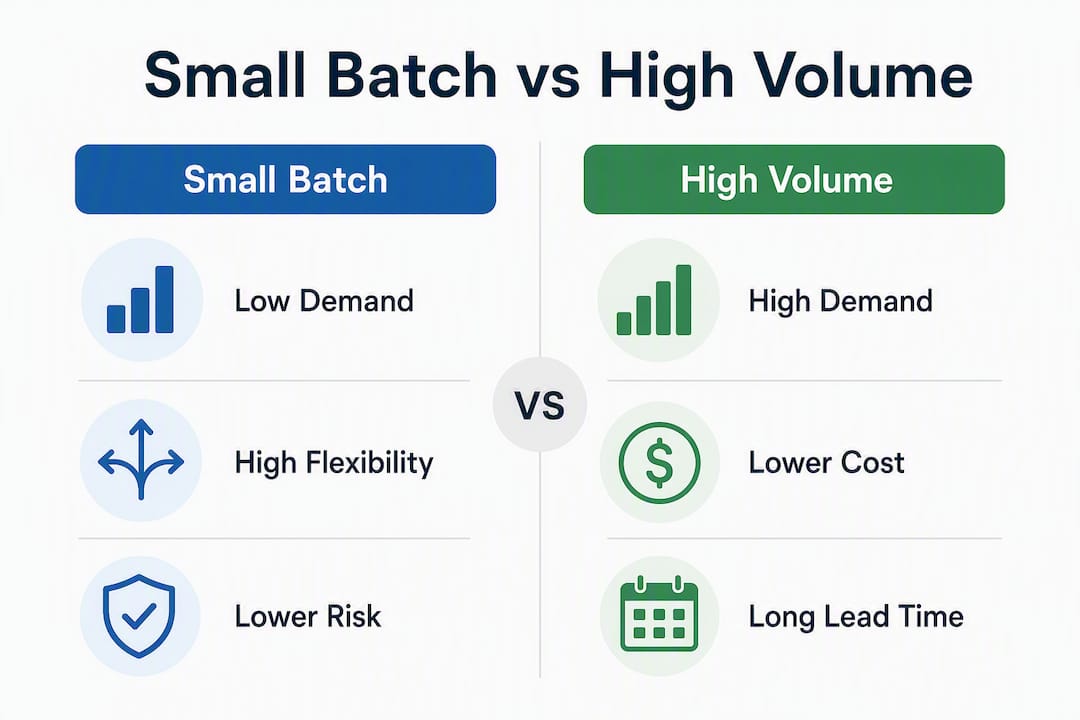 Infographic comparing small batch and high volume production