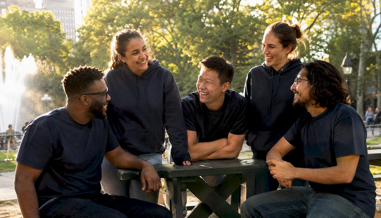 Diverse employees wearing custom branded clothing outside office