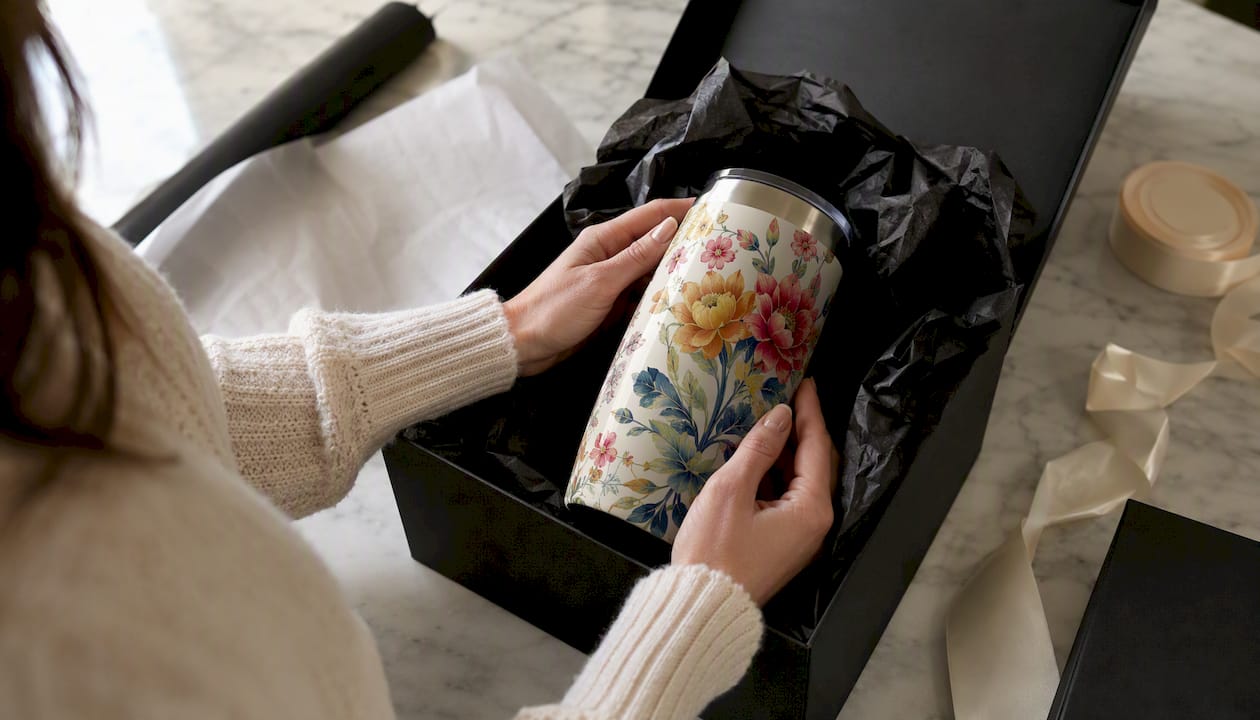 Hands packing insulated tumbler gift box