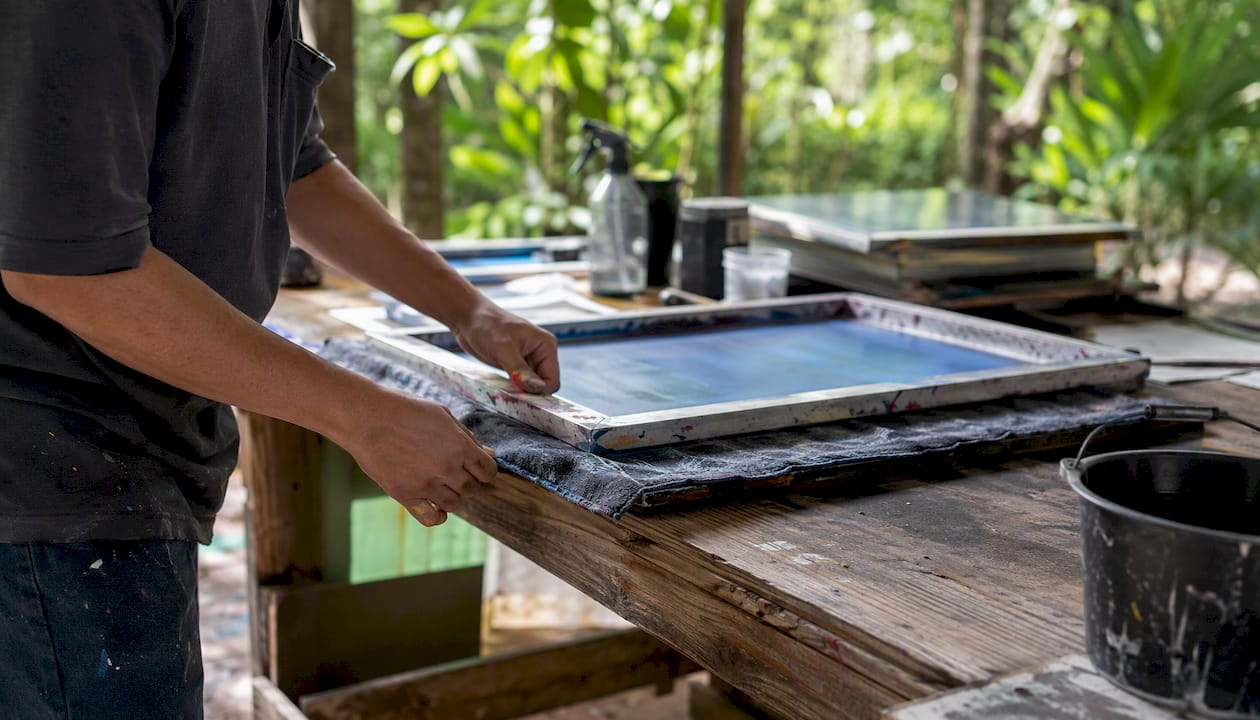 Hands placing damp cloth under screen to slow ink drying
