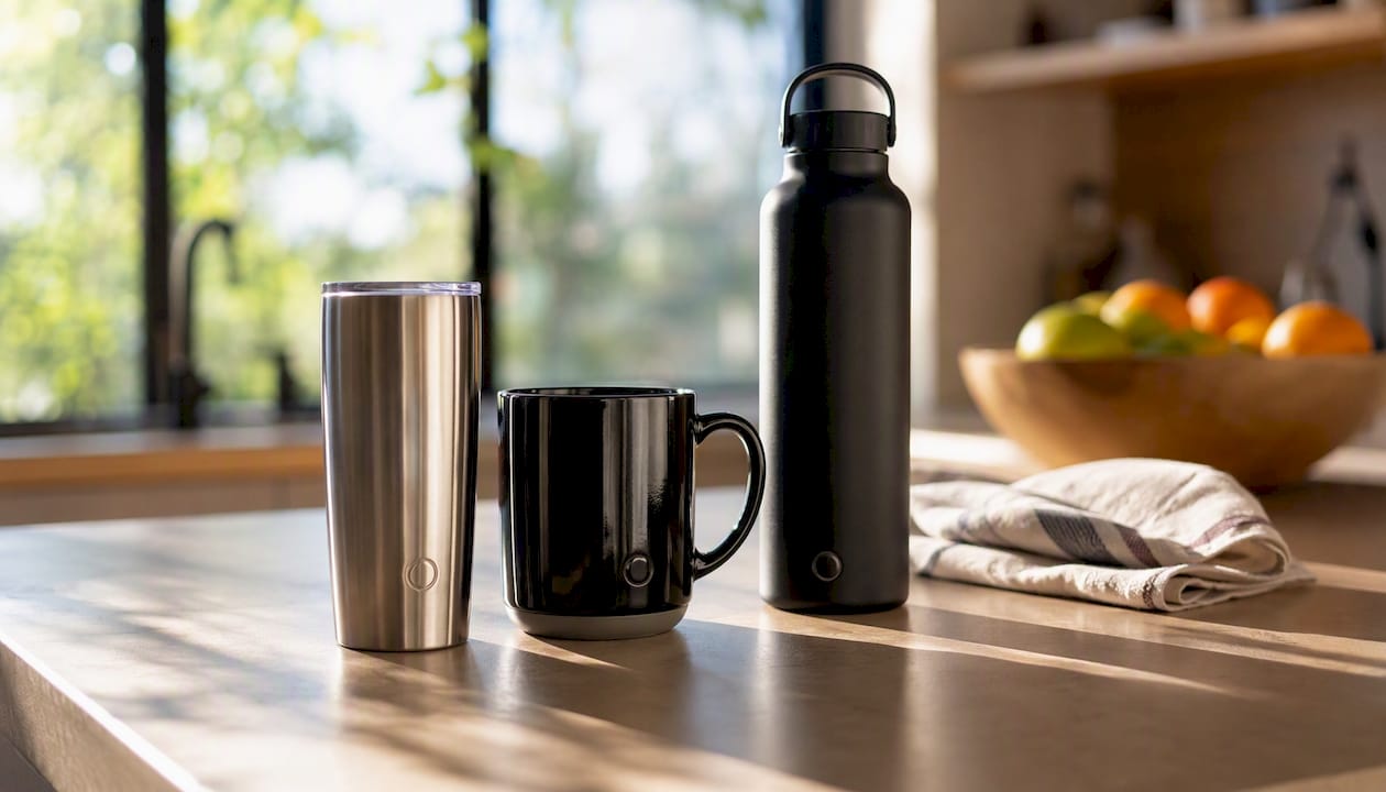 Branded drinkware arranged on desk
