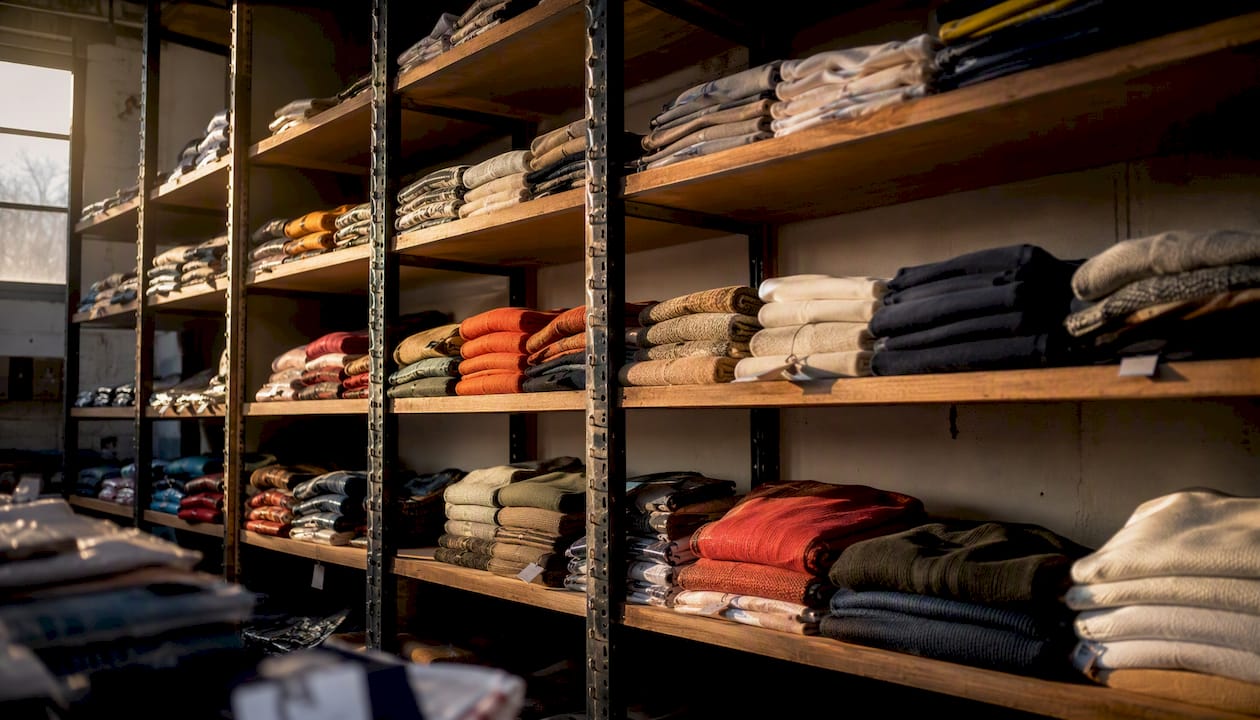 Shelves of folded apparel inventory