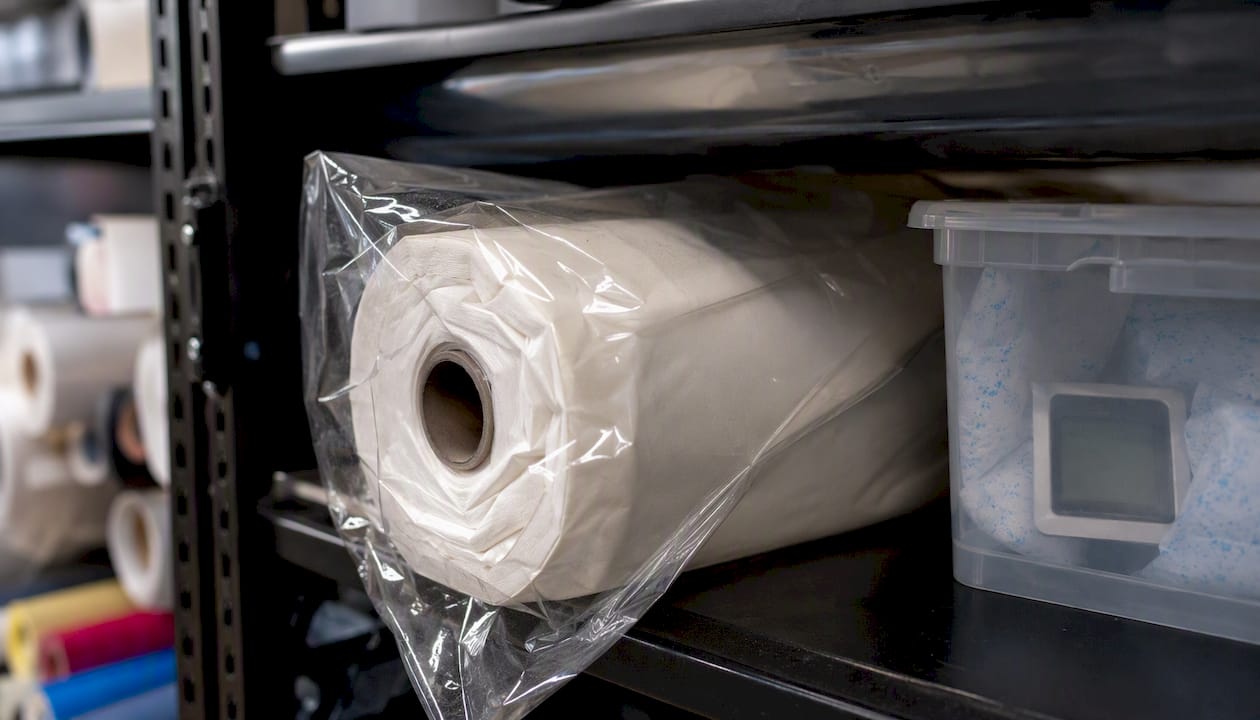 Packaged DTF transfer rolls stored horizontally