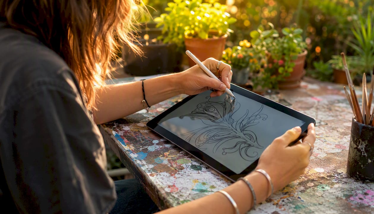 Hands drawing vector curves on tablet