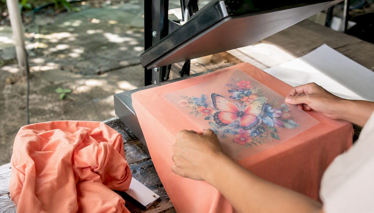 Hands using heat press on fabric with transfer