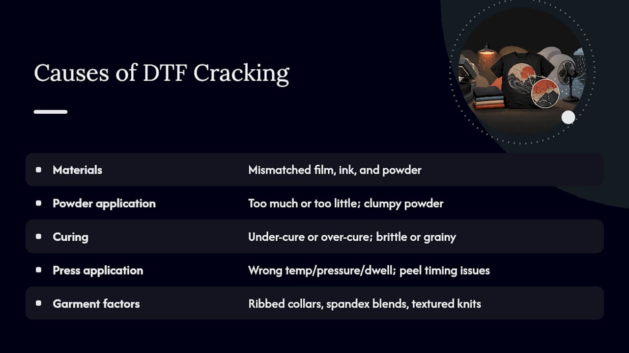 Diagram of five main causes of DTF cracking