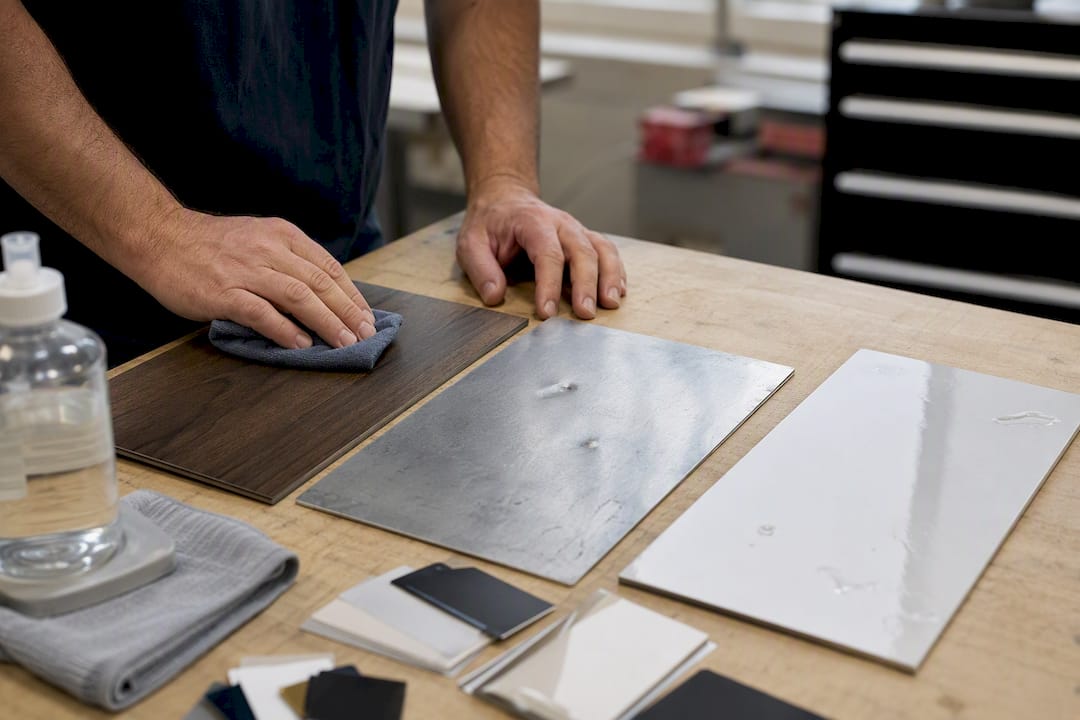Hands preparing substrates for adhesion testing