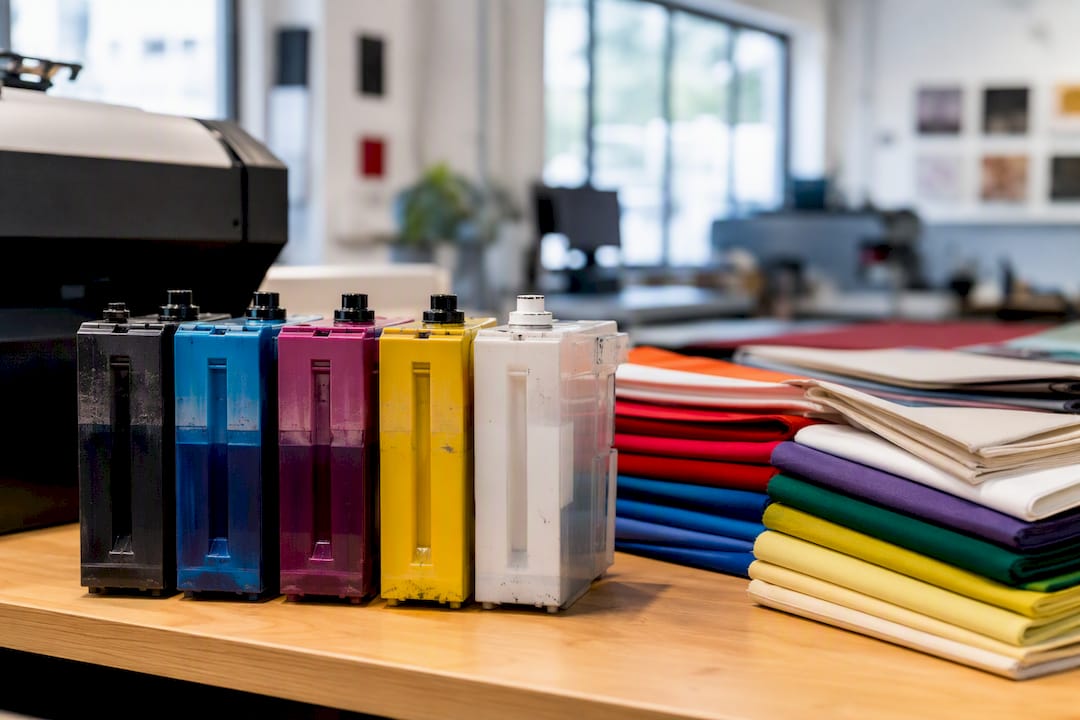 Close-up of white and color ink cartridges for DTF