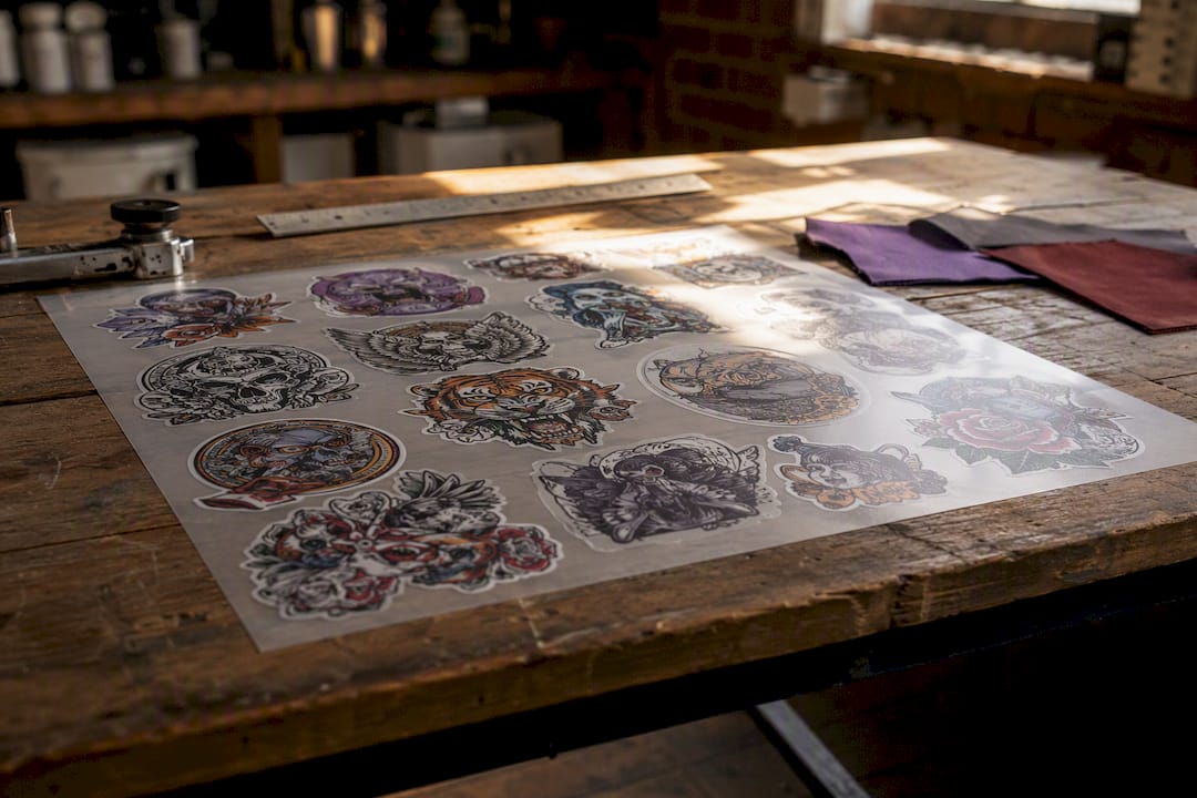 Overhead of DTF gang sheet on workbench