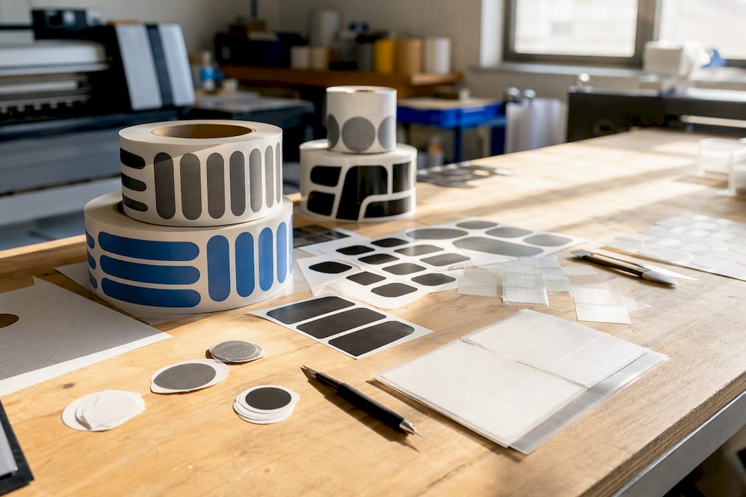 Sticker rolls and die-cut singles on a bench