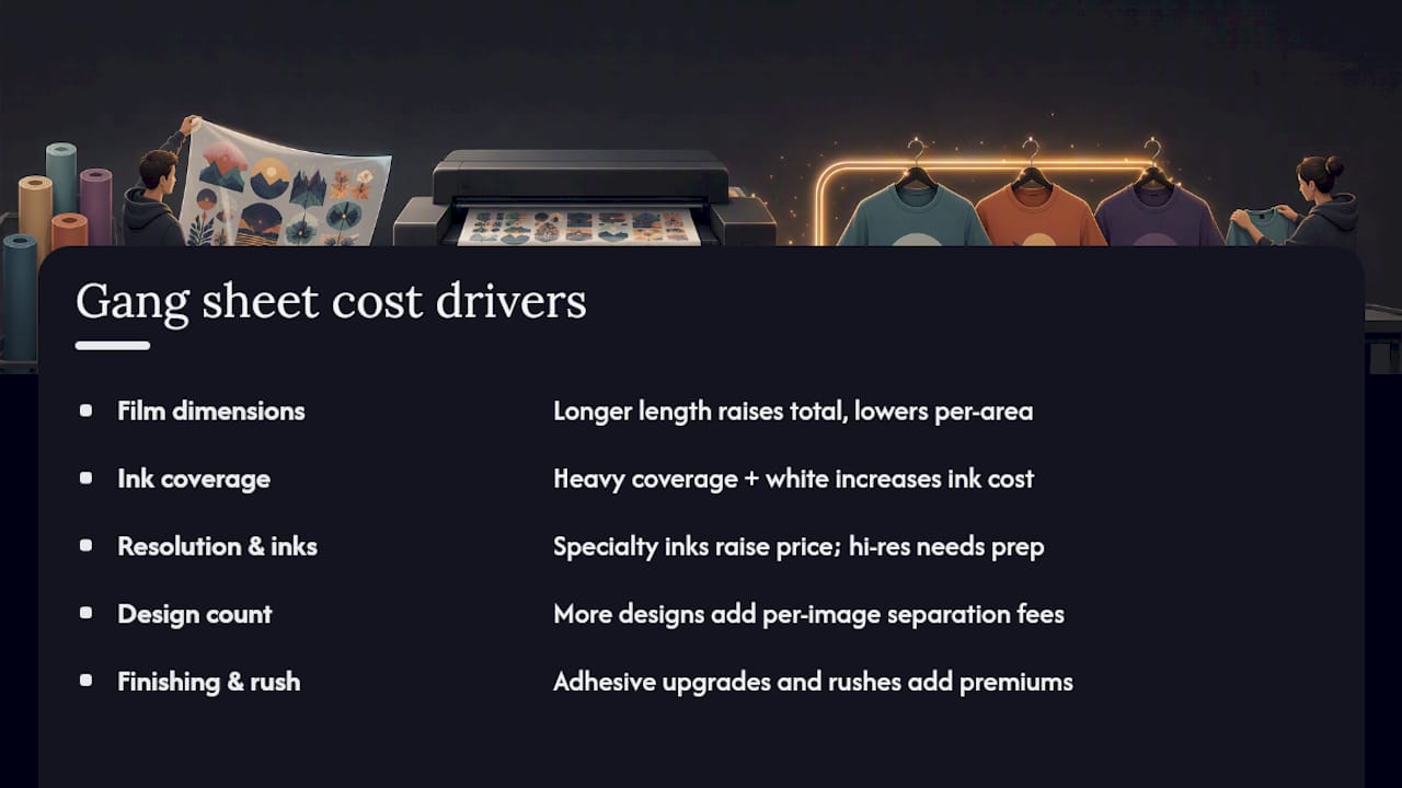 Diagram illustrating five pricing factors for gang sheets