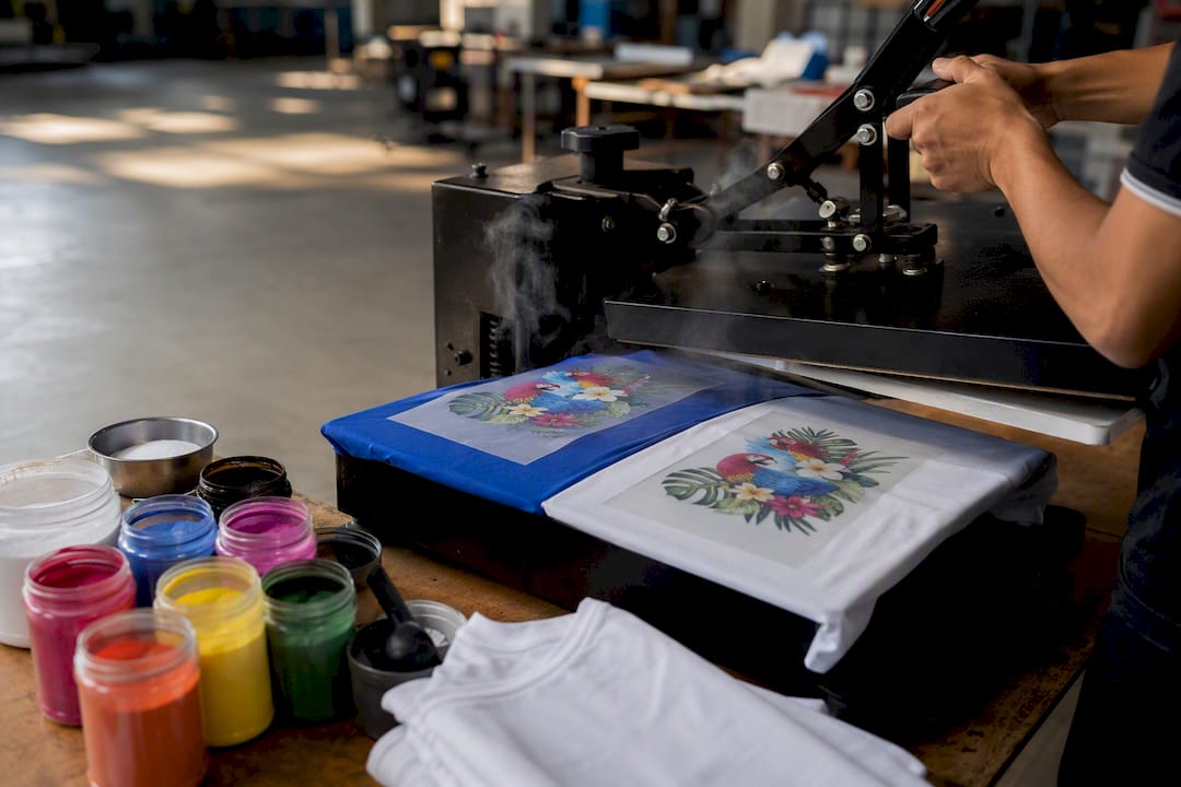 Hands heat pressing DTF transfers on cotton and polyester fabrics