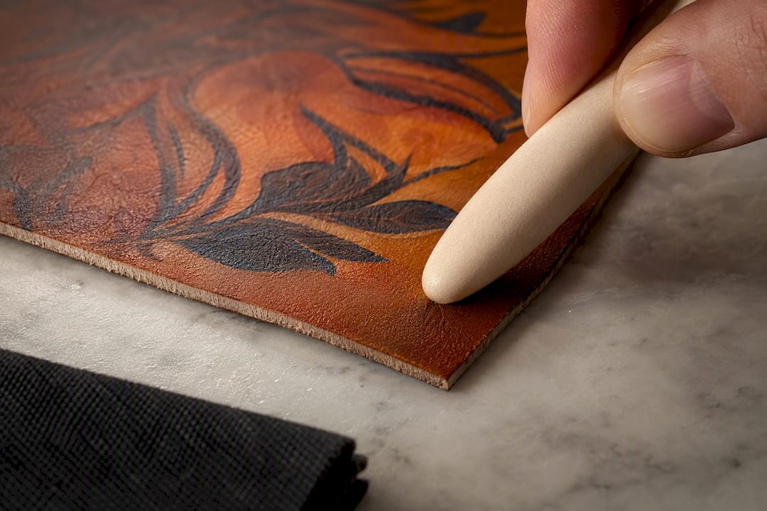 Burnishing UV DTF transfer edges on leather