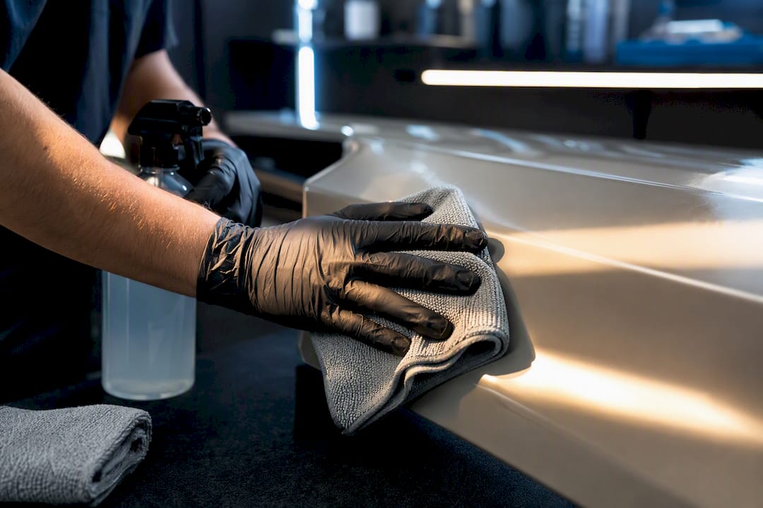 Technician degreasing panel before decal application
