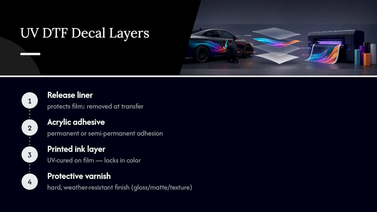 Four layers of a UV DTF decal