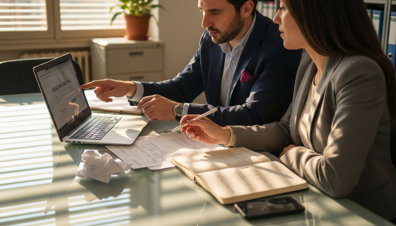Un gruppo di colleghi riuniti in ufficio mentre analizzano insieme il sito web sul portatile.