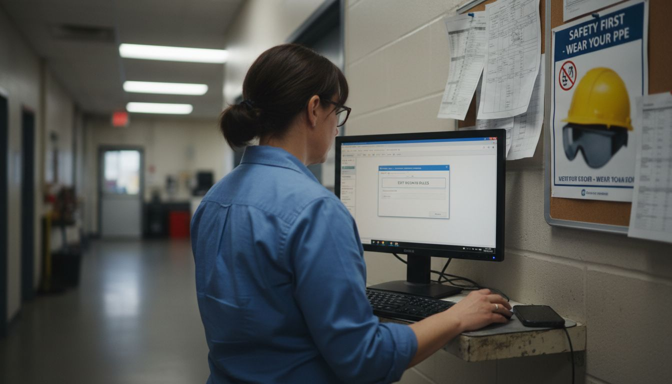 Manager configuring booking software at workstation