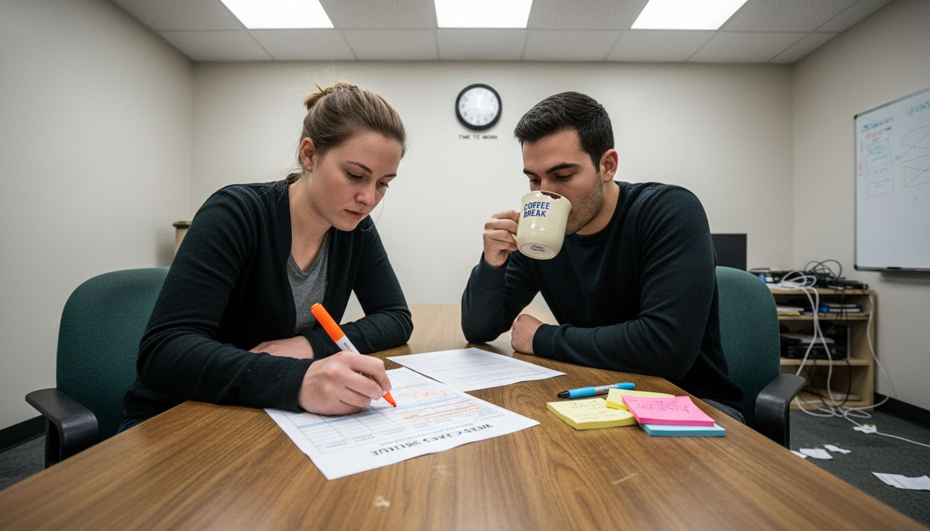 Team reviewing staff scheduling printout