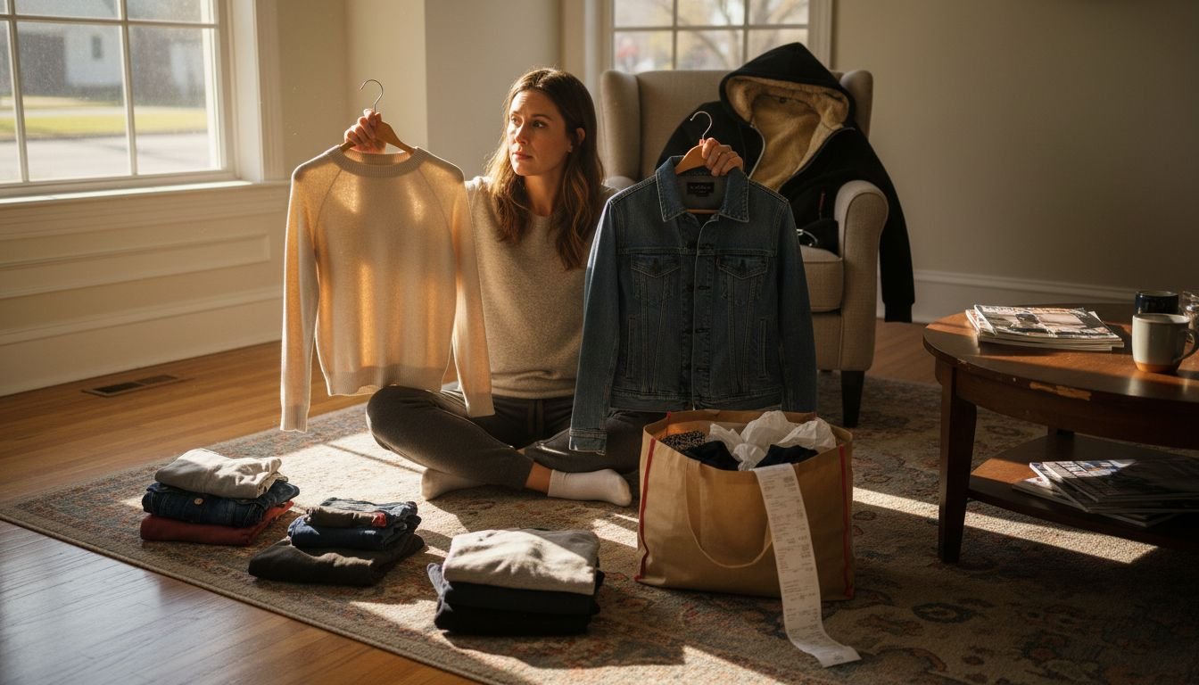 Woman choosing versatile seasonal wardrobe pieces