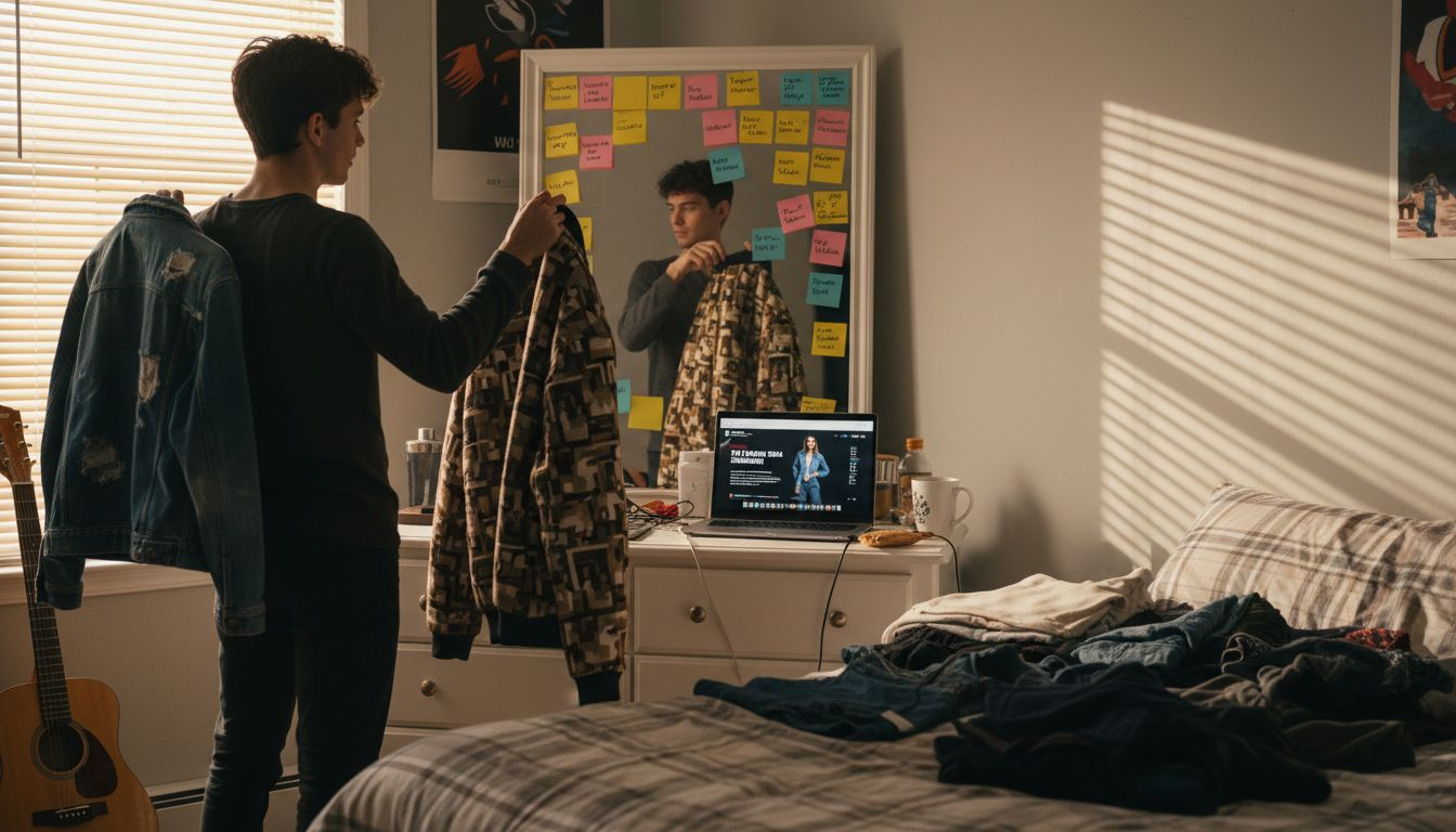 Man choosing jackets in bedroom with laptop
