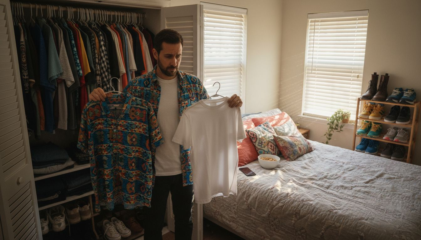 Man choosing fashion in bedroom closet