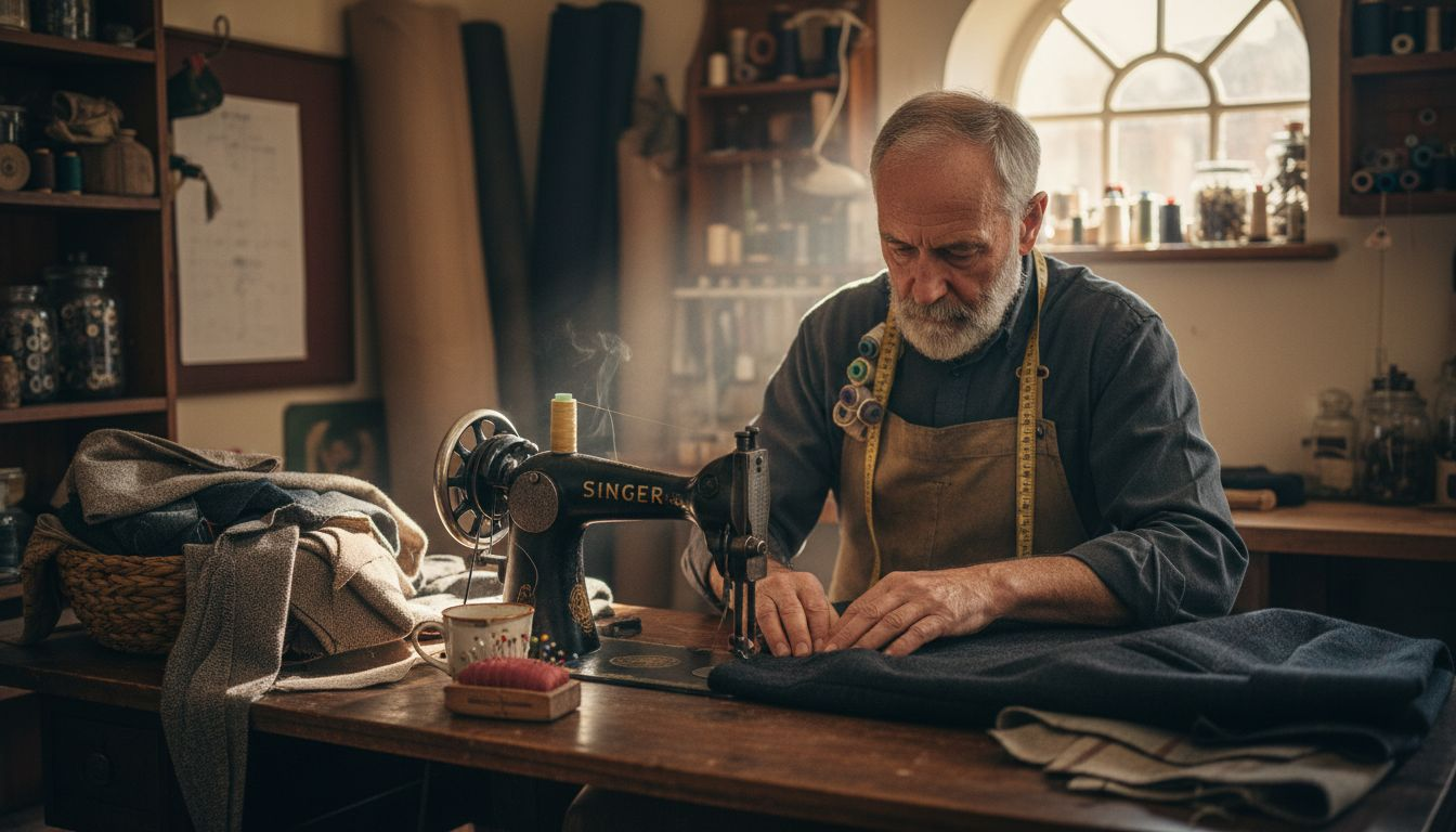 Tailor sewing garment in cozy workshop