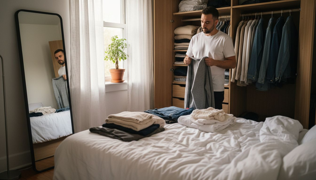 Man choosing layered outfit in bedroom
