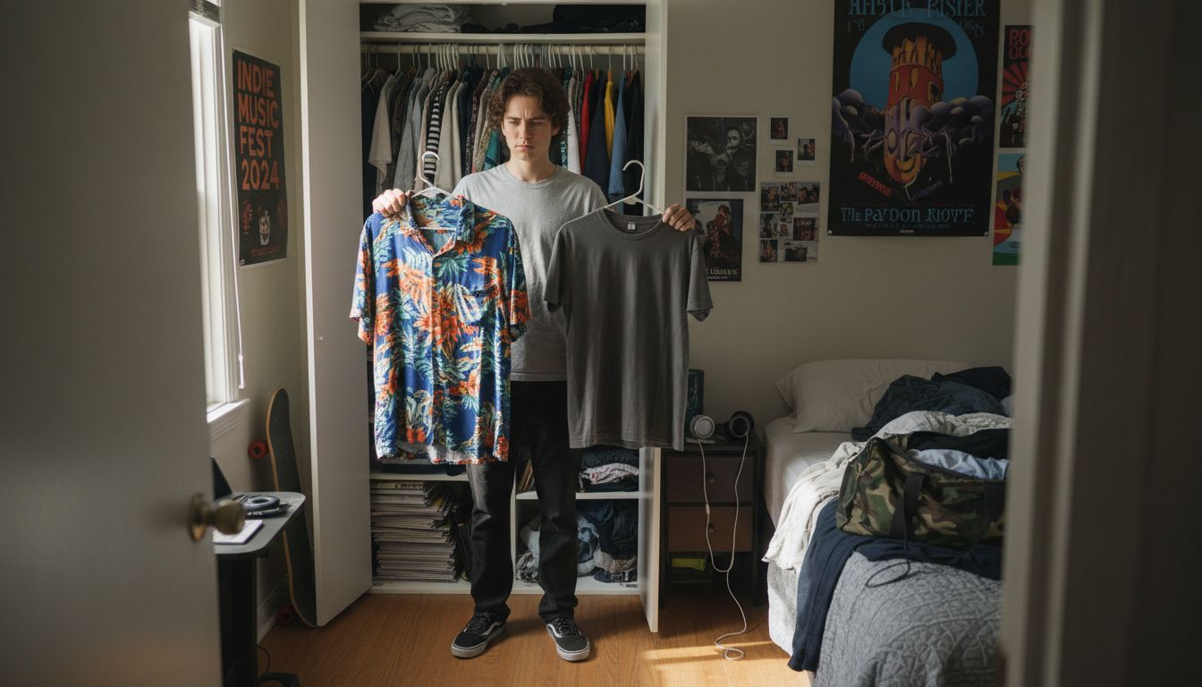 Teen choosing outfits in messy bedroom