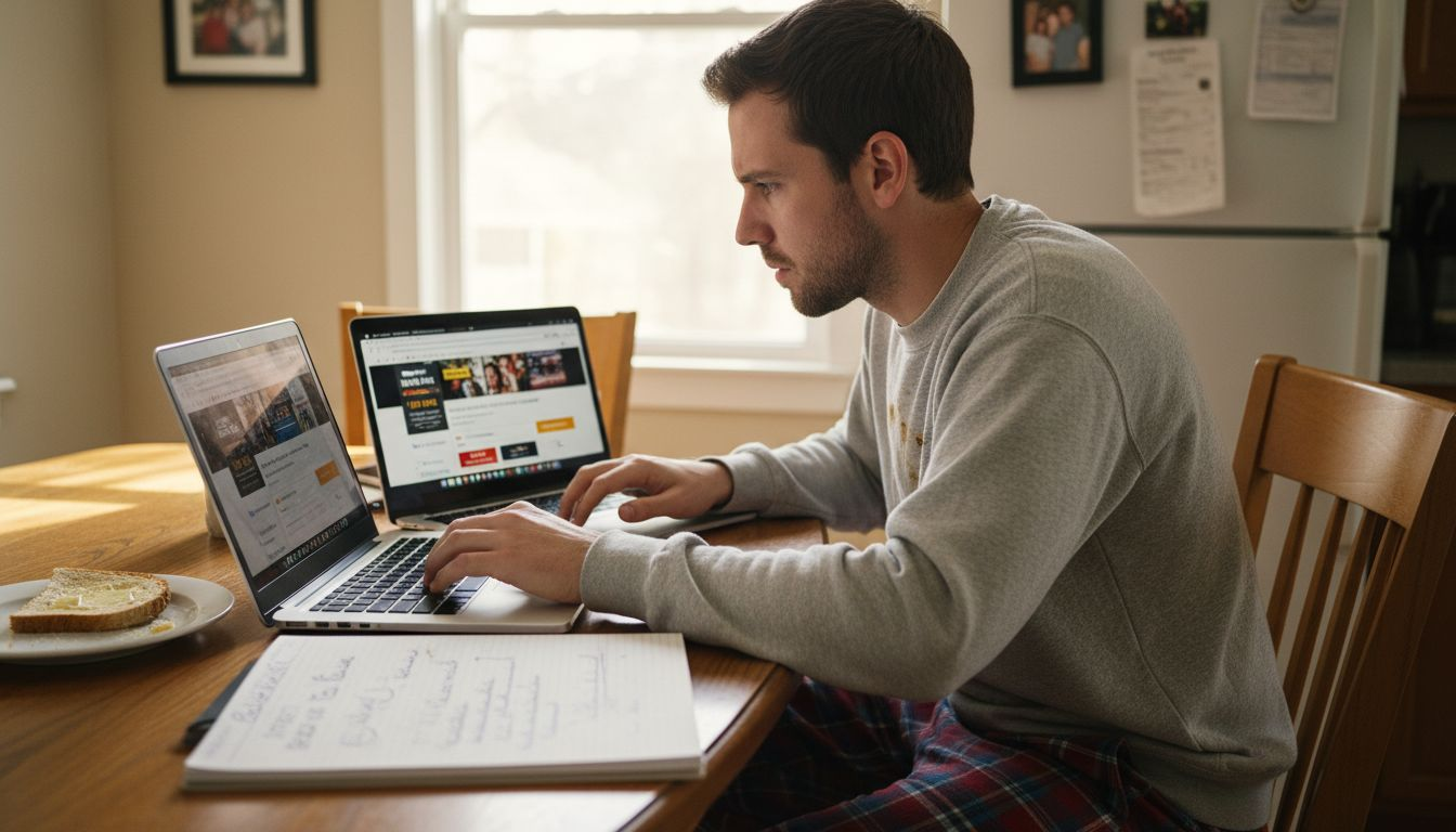 Man comparing winter clothing bundle deals