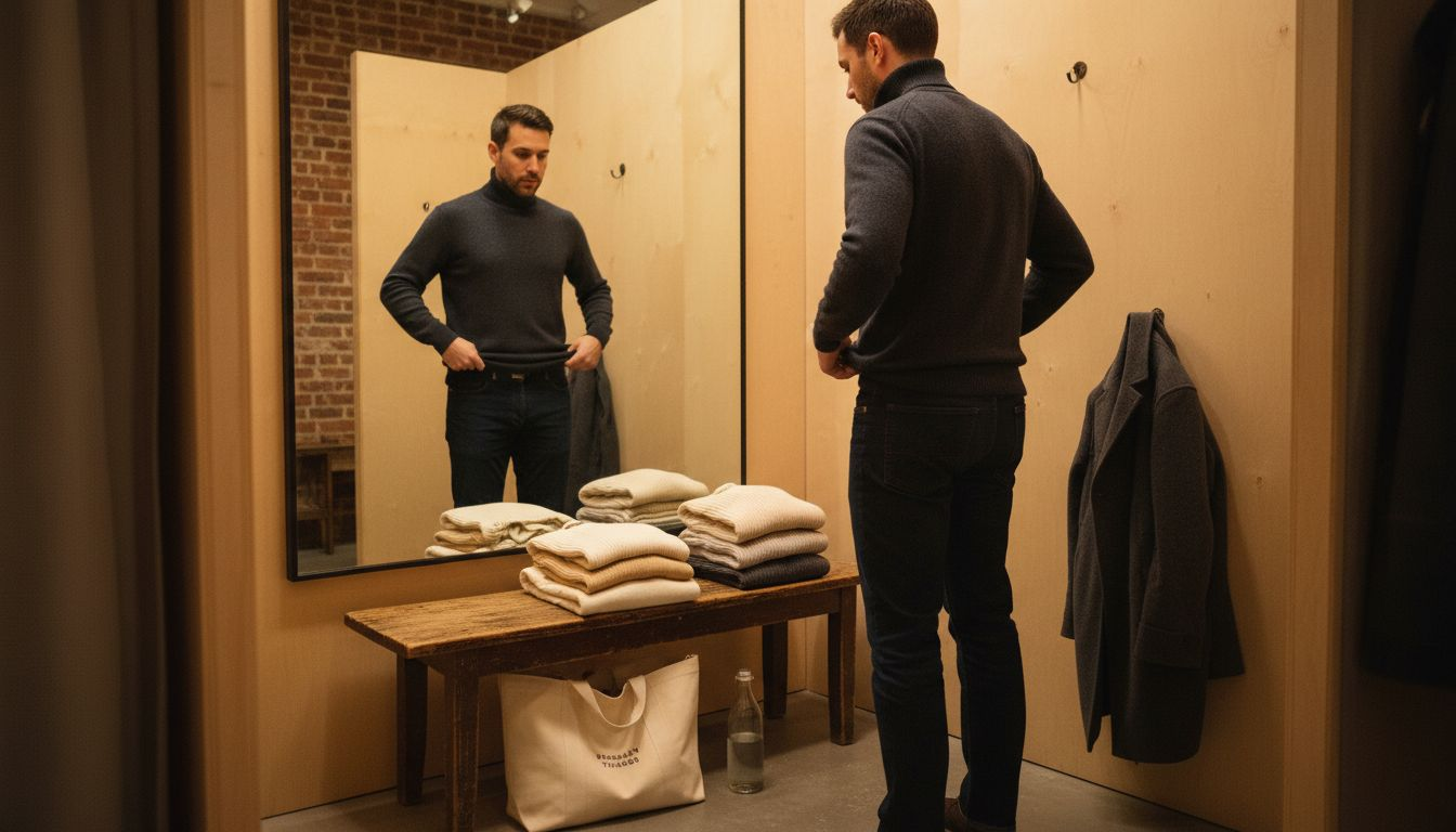Man trying sweater in boutique fitting room